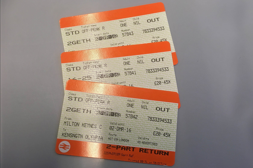 Tickets, Milton Keynes Central-Kensington-Olympia 
 An off-peak advanced single from Milton Keynes to Kensington Olympia is pretty good value for three of us at 20.45. 
 Keywords: TicketsMilton Keynes Central-Kensington-Olympia