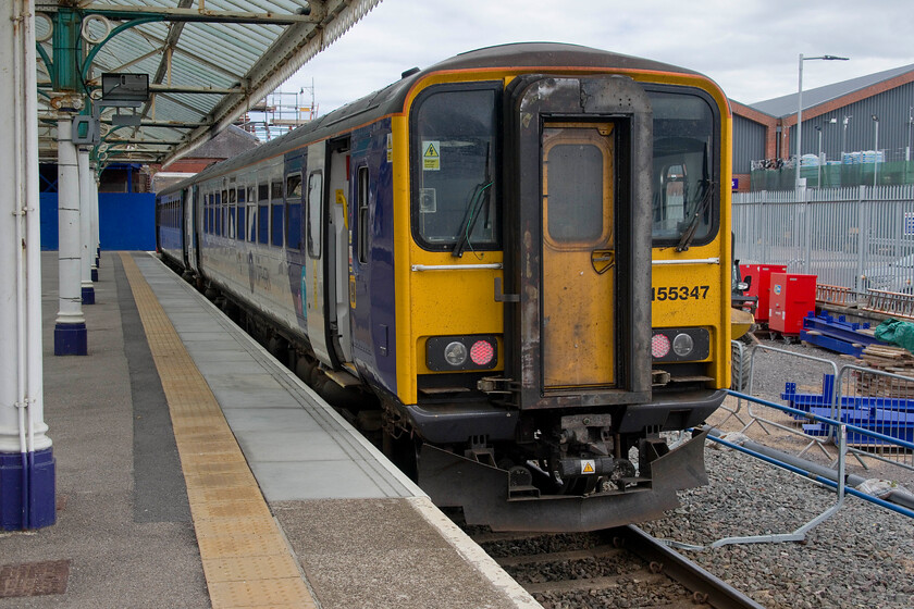 155347, NT 13.56 Bridlington-York (2R14, 3L), Bridlington station 
 155347 stands in Bridlington's bay platform. It will work the 13.56 service to York that will travel south along the East Yorkshire coast to Hull where it will reverse to head to York. The developments outside Bridlington station (some of which can be seen in the background of this photograph) have been dramatic since Andy and my previous visit some four years ago, see.... https://www.ontheupfast.com/p/21936chg/26273766404/x158901-16-04-bridlington-hull-1g19 
 Keywords: 155347 13.56 Bridlington-York 2R14 Bridlington station Northern