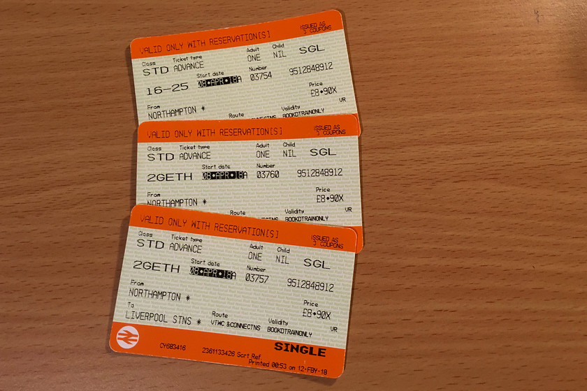 Tickets, Northampton-Liverpool Lime Street 
 For three of us, just under 27 was cheap to get us to Liverpool, from Northampton. But, the journey was slow, fraught with problems and we were treated badly by Merseyrail staff on arrival in Liverpool.