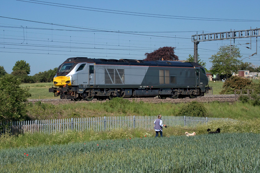 68014, 06.47 Crewe Gresty Bridge-Wembley (0A68, 43E), between Roade & Ashton 
 Just prior to the passing of 68014 the lady walking her dogs kindly asked if she was okay to walk in front of me seeing that I was ready with the camera to my eye. Gesturing her to continue has added some human interest to an otherwise straightforward image of a light engine. That level of alertness and politeness amongst the general public is not that common and made a pleasant change. The Chiltern Class 68 was working the 06.47 Crewe Gresty Bridge to Wembley presumably a precursor to its return to the company's Wembley depot. 
 Keywords: 68014 06.47 Crewe Gresty Bridge-Wembley 0A68 between Roade Ashton