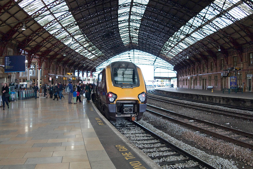 220002, XC 13.25 Plymouth-Newcastle (1S53), Bristol Temple Meads station 
 220002 pauses at Bristol Temple Meads with the 13.25 Plymouth to Newcastle service. In years gone by, this service would have been composed of a long rake of loco. hauled stock with everybody having a comfortable seat and space to spread out; quite the anthesis to the situation on a Voyager as seen here. 
 Keywords: 220002 13.25 Plymouth-Newcastle 1S53 Bristol Temple Meads station