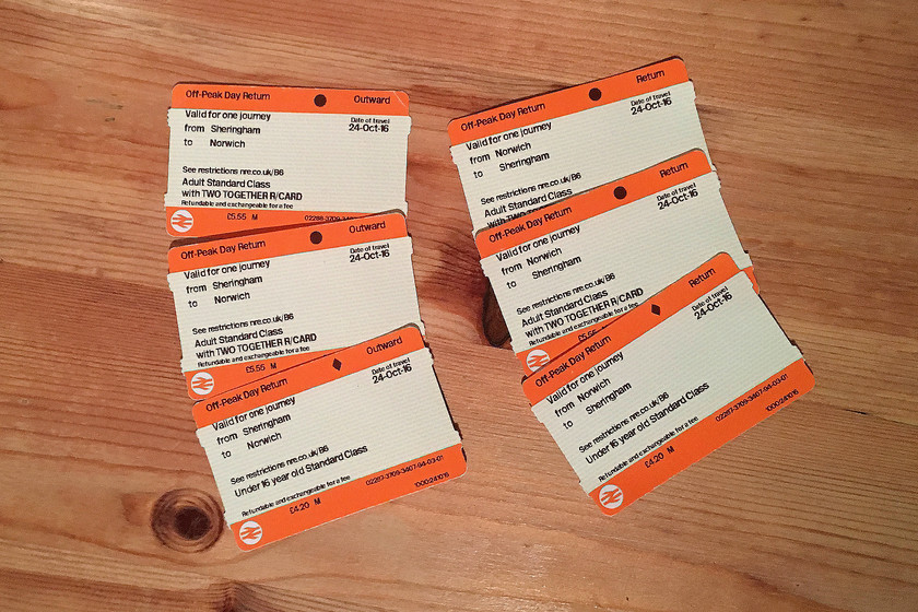 Tickets, Sheringham-Norwich-Sheringham 
 Our return tickets from Sheringham to Norwich cam in at just over 15. Not bad value but my wife and I used our two-together card and our son was under 16 so benefited from a half fare. 
 Keywords: Tickets Sheringham-Norwich-Sheringham