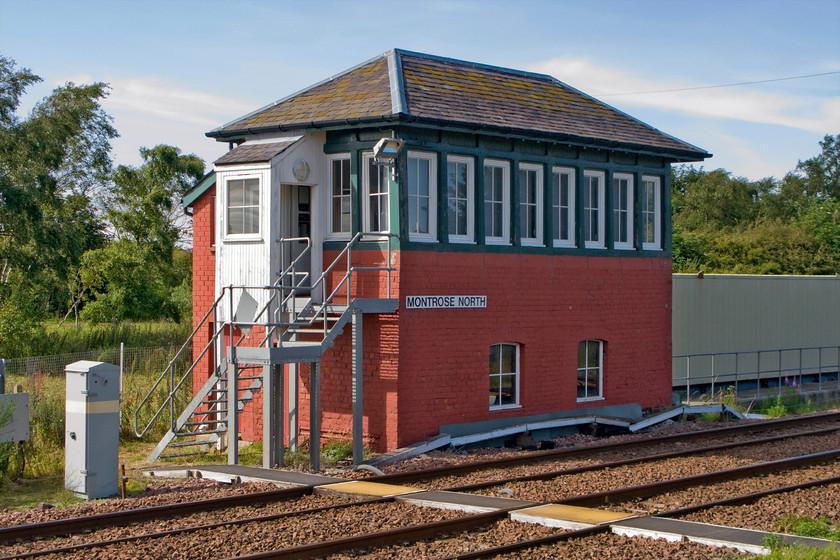 Montrose North signal box (NB, 1881) 
 Montrose North signal box has not had its roof replaced despite it undergoing significant improvement when it was brought back into use in 2010. The 1881 former North British box had been out of use for a number years with Montrose South controlling signalling around the station including the single track section over the Esk viaduct as far as Usan using tokenless block regulations. After significant improvements to the track and signalling, both the South box and Usan were closed and unceremoniously demolished with control moving to the resurrected north box. 
 Keywords: Montrose North signal box North British