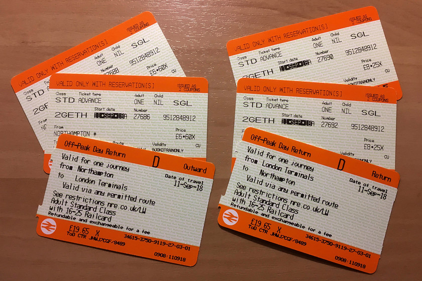 Tickets, Northampton-London Euston-Northampton 
 Our return tickets from Northampton to Euston. My wife and I make use of our two-together cards and my son, a young person's card. Both offer an excellent one-third discount on most fares.