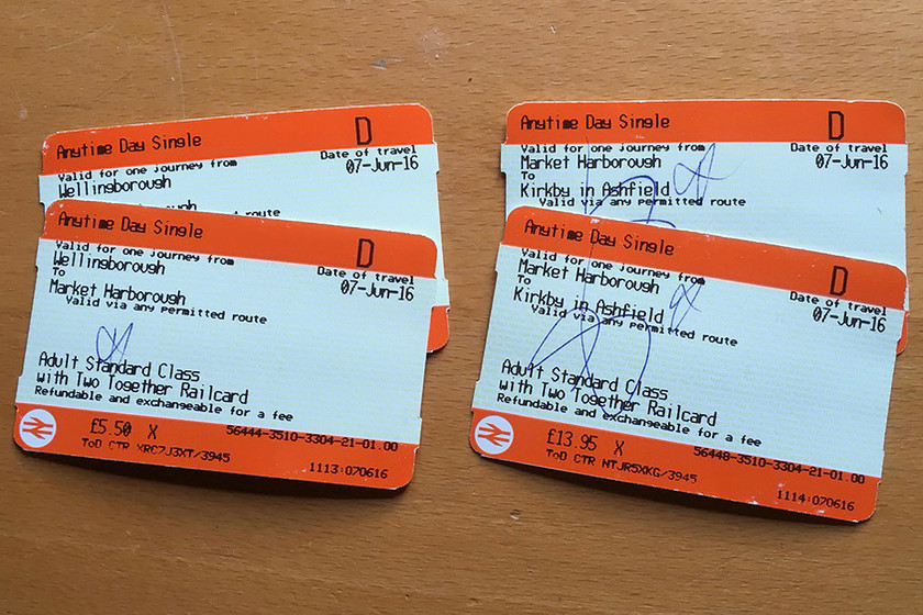 Tickets, Wellingborough-Kirkby-in-Ashfield 
 Our tickets form Wellingborough to Kirkby-in-Ashfield. The journey was 'split' into two sections at Market Harborough thus saving a tidy sum over the direct through ticket cost 
 Keywords: Tickets Wellingborough-Kirkby-in-Ashfield