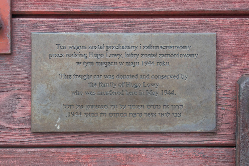 Plaque, former German Railway`s wagon, Auschwitz II-Birkenau 
 As can be seen from the plaque attached to the wagon on display inside the Auschwitz II-Birkenau death camp it has a bit of history to it. Of course, it cannot be established if this was one of the actual wagons used in the transportation. 
 Keywords: Plaque, former German Railway`s wagon, Auschwitz II-Birkenau death camps