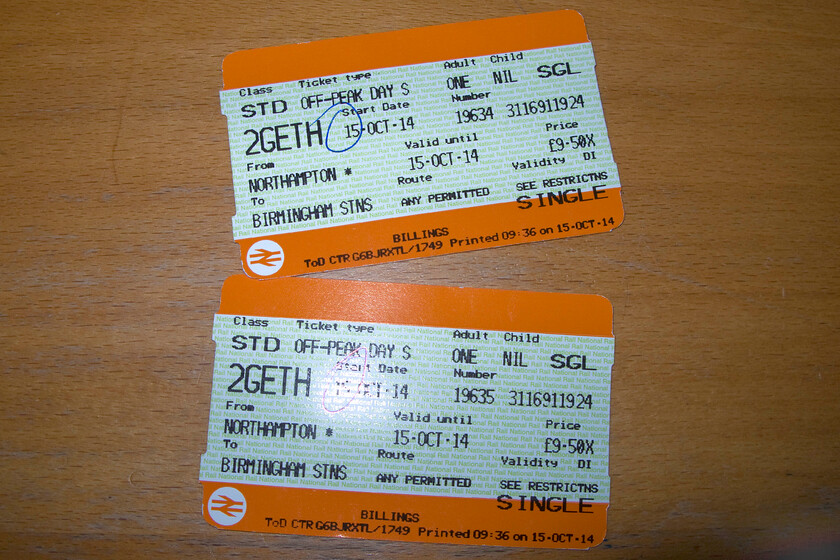 Tickets, Northampton-Birmingham New Street 
 My wife and I only needed single tickets from Northampton to Birmingham as we were going to collect and then drive back her new Jaguar. Luckily, all went to plan with the collection and drive back going to plan unlike three weeks previously, see...... https://www.ontheupfast.com/p/21936chg/C385234313/x57-trip-to-stoke-cheshireman-20 
 Keywords: Tickets Northampton-Birmingham New Street