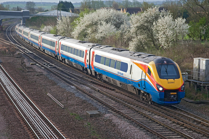 222001, EM 07.10 London St. Pancras-Nottingham (1D09, RT), Sharnbrook Junction Tl002598 
 With the Blackthorn in full blossom 222001 'The Entrepreneur Express' passes Sharnbrook Junction working the 07.10 London St. Pancras to Nottingham. The train has just started its climb of Sharnbrook Bank, one it takes with considerable ease but one that does make the vibration and noise aboard more noticeable; these are not the most refined units on the network! 
 Keywords: 222001 1D09 Sharnbrook Junction Tl002598