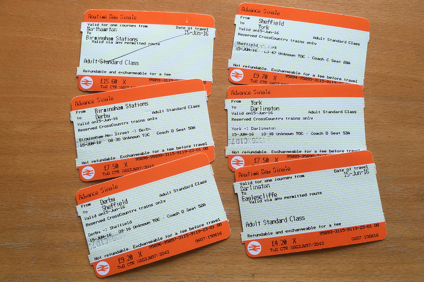 Tickets, Northampton-Eaglescliffe 
 These are the tickets that I used to get from Northampton to Eaglescliffe! A total of six tickets made up the journey and by splitting them as I did I saved a small fortune. The only minor inconvenience was that on the Voyager leg of the journey from Birmingham to Darlington I had to change seats four times due to four different reservations!