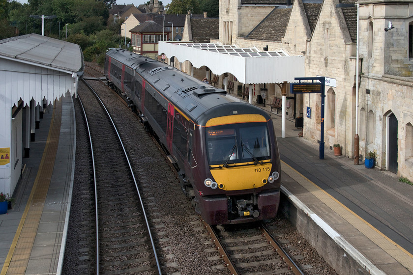 170115, XC 08.52 Tyseley LMD-Cambridge (5N53, 12L), Stamford station 
 170115 passes through the unusually quiet Stamford station forming the 08.52 Tyseley to Cambridge 5N53 empty coaching stock move. Notice the former signal box at the western end of the station. This was not its as-built location being constructed a further two hundred yards or so further away at the entrance to the former goods yard that is now the station car park. 
 Keywords: 170115 08.52 Tyseley LMD-Cambridge 5N53 Stamford station Cross Country XC