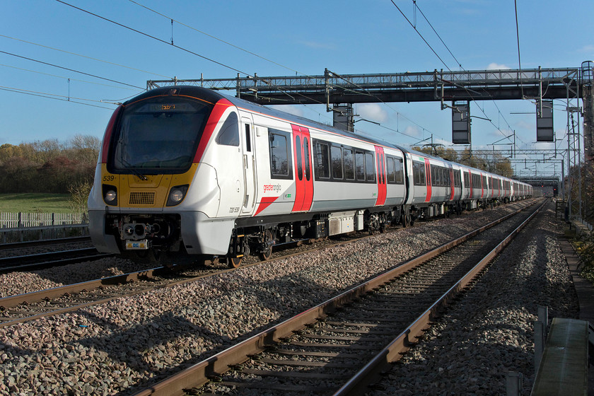 720539 & 720540, 13.49 Rugby-Wolverton Centre Sidings (5Q28, 8E), Cathiron SP4667783 
 The Bombardier (Derby) built units dubbed the Aventra have been undertaking many mileage accumulation runs in preparation for their introduction by Greater Anglia and c2c replacing a large number of units of many different classes. Having missed the southbound run a little earlier the northbound return one is seen at Cathiron. Via a contorted route the 5Q28 the 13.49 Rugby to Wolverton is being operated by 720539 and 720540. This test run would return to Wolverton in the early evening. 
 Keywords: 720539 720540, 13.49 Rugby-Wolverton Centre Sidings 5Q28 Cathiron SP4667783 Greater Anglia GA