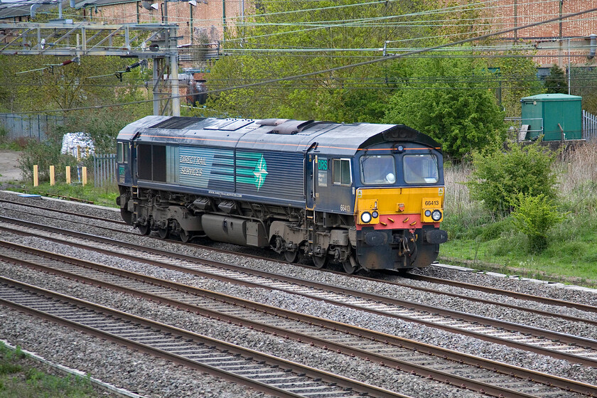 66413, up LE, Roade 
 DRS' 66413 runs pass Roade with an unidentified up light engine move. Light engine moves on the WCML are fairly rare but, despite this, I was not able to identify what it was for. 
 Keywords: 66413 up Light engine Roade