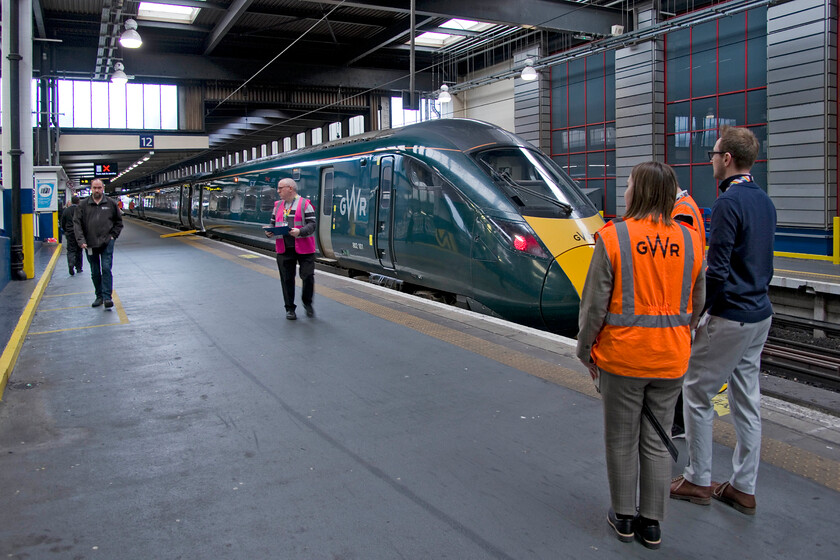 802101, 14.06 London Euston-North Pole Depot (5Q85, 4E), London Euston station 
 Paddington or Euston? Class 800 IETs are not commonly seen away from their GWR territory and in what I believe to be a first, an example of the class is seen in Euston station undergoing various tests and checks. Overseen by a team from GWR 802101 'Nancy Astor' waits at platform twelve to depart as the 14.06 to North Pole depot via reversals at Willesden and Kensington Olympia. This very strange move is to test if the IETs can be used next Christmas during the extended closure of the GWML to operate services in and out of Euston.

This photograph was printed in Rail issue 1006 with my accompanying notes. 
 Keywords: 802101 14.06 London Euston-North Pole Depot 5Q85 London Euston station GWR IET Nancy Astor