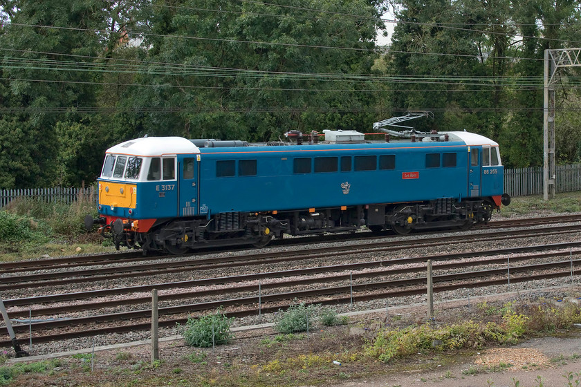 86259, 11.38 London Euston-Rugby CS (0Z88), site of Roade station from former Pianoforte site 
 Having undertaken railtour duties yesterday leading the Cumbrian Mountain Express, see.... https://www.ontheupfast.com/v/photos/21936chg/27726201404/x86259-cumbrian-mountain-express 86259 'Les Ross/ Peter Pan' returns from Euston to its stabling point in Rugby carriage sidings. This 0Z88 light engine move is timetabled to take the Weedon loop line (the fast line) but very often control put it on the slow to go via Northampton. The former is the case today as it passes Roade. 
 Keywords: 86259 11.38 London Euston-Rugby CS 0Z88 site of Roade station from former Pianoforte site