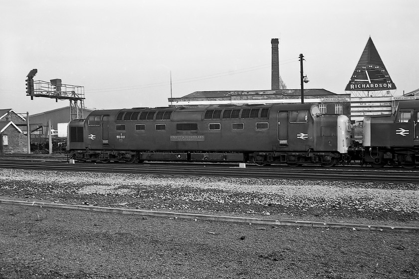 55 021 & 40085, Gateshead-York LE (0L01), Darlington station 
 The ignominy of it! A failed 55021 'Argyll & Sutherland Highlander' is dragged by 40085 from Newcastle to York for traction motor repairs after being failed earlier in the day working the 00.02 King's Cross to Newcastle, however, interestingly, the Deltic was under power along with the Class 40. The Deltic spent the next two weeks at York TMD being released back into traffic on 14.11.80. I am not sure that the famous Richardson thermometer was reading accurately? It says forty degrees Fahrenheit that would be just over four degrees celsius, I do not recall it being that chilly on this, the last day of October. Perhaps its inaccuracy was down to the fact that the well-known company and local employer had just gone into receivership and was never to open again after being trading for well over a century. The site was cleared in 1984 and is now home to the Neasham Road Retail Park.

There is an audio recording of this event on my Youtube channel, see...https://youtu.be/vRuHnSEGYrM 
 Keywords: 55 021 40085 Gateshead-York LE 0L01 Darlington station Argyll & Sutherland Highlander