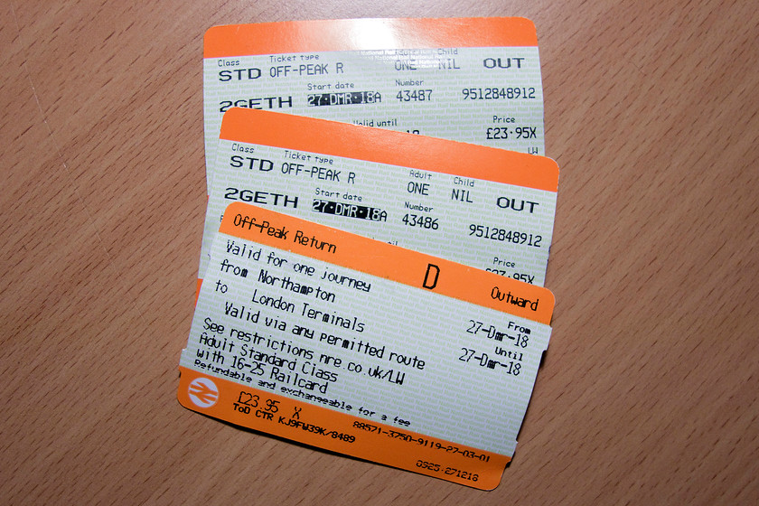 Tickets, Northampton-London Euston 
 Our outward tickets from Northampton. Nearly 72 is a lot of money for three off-peak returns and that's with two railcards being loaded.