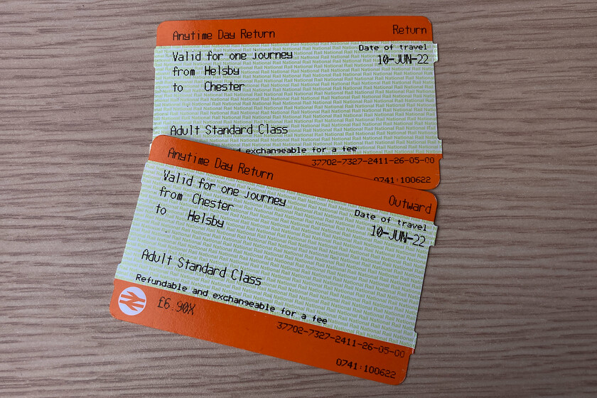 Tickets, Chester-Helsby-Chester 
 My return tickets from Chester to Helsby cost a rather pricy 6.90. Whilst this is not very much in itself when one considers that the distance travelled was only just over seven miles one can work out that it is just fifty pence per mile! However, one must also remember that it was a walk-on peak fare; just about the most expensive way to travel on our railway! 
 Keywords: Tickets Chester-Helsby-Chester