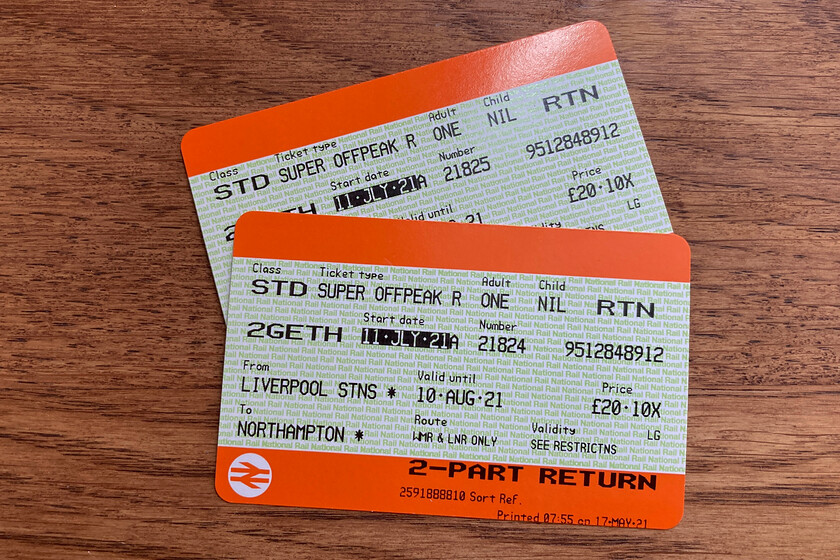 Tickets, Liverpool Lime Street-Northampton 
 Our return tickets for our journey from Liverpool to Northampton. We were pleased that our return journey was straightforward with no delays or issues unlike our outward one four days earlier! 
 Keywords: Tickets Liverpool Lime Street-Northampton