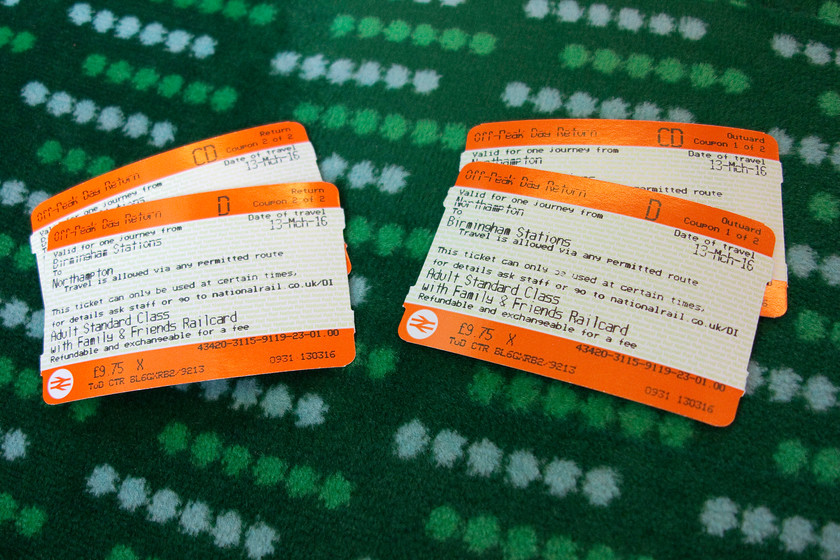 Tickets, Northampton-Birmingham New Street-Northampton 
 My son and my tickets for the return journey from Northampton to Birmingham New Street.