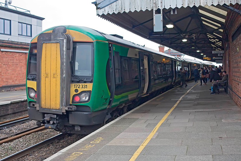 172331, LM 15.16 Worcester Foregate Street-Dorridge (2C54, RT), Worcester Foregate Street station 
 172331 stands in platform 2 waiting for the crewe to change ends and then for it to work back as the 2C54 15.16 to Dorridge. I travelled on this train back to Birmingham Snow Hill from where I made the short walk back to our hotel. 
 Keywords: 172331 2C54 Worcester Foregate Street station