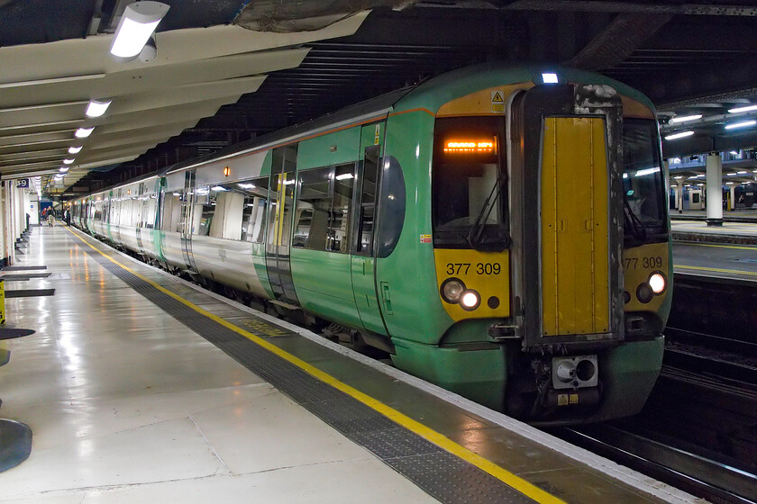 377309, SO 16.50 London Victoria-London Bridge (16.50 London Victoria-London Bridge) (2F48, 3E), London Victoria station 
 Southern's 377309 waits at Victoria station's platform nine. I was to travel on this train making a sixteen-mile journey from here to London Bridge taking about forty-five minutes to complete its almost perfectly semi-circular journey through South London. I suspect that no customers would complete the journey in its entirety as they could have taken the District or Circle lines to Westminster and then the Jubilee line directly to London Bridge which would have taken about fifteen minutes and considerably less in distance but this Southern service was crying out to be taken by me! 
 Keywords: 377309 16.50 London Victoria-London Bridge 2F48 London Victoria station Southern Electrostar