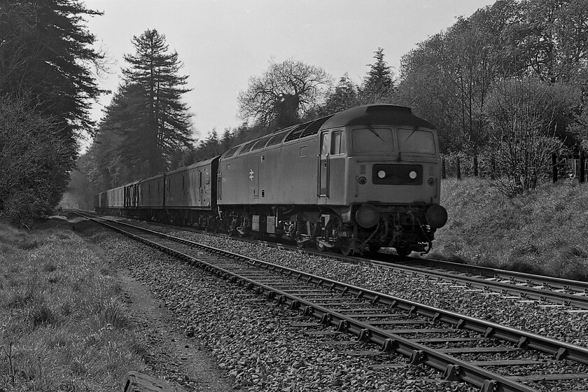 Class 47, unidentified up parcels working, Bradford-on-Avon no. 2 crossing, ST821605 
 An unidentified Class 47 approaches Bradford-on-Avon from the Bath direction leading a second parcels working within half an hour or so. It is about to pass me standing at a foot crossing that leads from Belcombe Road to Barton Farm. Notice my bike to the extreme right of the picture thrown against the fence suggesting that as I arrived I heard the train approaching and rapidly demounted in order to get this photograph! Also, notice that the third and fourth vehicles in the consist appear to be two former Southern Railway PMV vans that by this stage were being withdrawn rapidly from service. 
 Keywords: Class 47 up parcels working Bradford-on-Avon no. 2 crossing ST821605