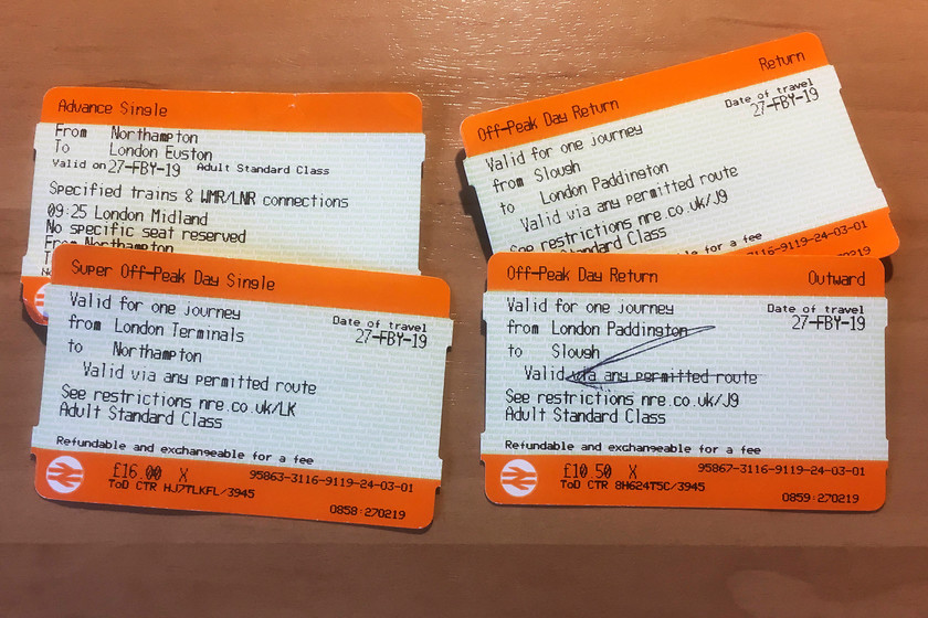 Tickets, Northampton-Slough-Northampton 
 By splitting my tickets manually and avoiding the cross-London TFL part of the journey I was able to get from Northampton to Slough and back for a reasonable 35.50; not bad as it was booked the night before travel. I saved a couple of Oyster fares by riding Bertie the Brompton across London from Euston to Paddington and back. 
 Keywords: Tickets Northampton-Slough-Northampton