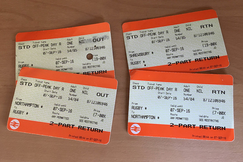 Tickets, Northampton-Shrewsbury-Northampton 
 My tickets for the day were split, in both directions, at Rugby. A total fare of 26 is not bad I suppose of an off-peak return.