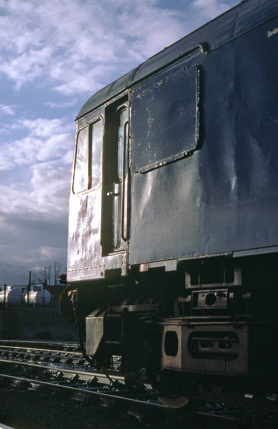 25259, stabled, Severn Tunnel Junction 
 A late afternoon glint shot of 25259 stabled at Severn Tunnel Junction. Notice the crudely applied plate to the upper half of this side of the bodyside that was added after a few years after construction to counteract the induction of debris through a large vent that clogged the air filters too quickly. This panel was only applied to Derby built locomotives that were sub-classed as 25/2s under TOPS. This particular example of the class survived in service until June 1995 and was broken up by MC Metals at Springburn. 
 Keywords: 25259 stabled Severn Tunnel Junction Rat