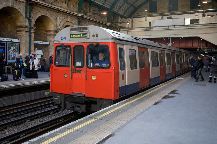 5578, Circle Line working to Edgware Road (Paddington-Edgware Road), Paddington TfL station 
 With the introduction of the S stock approaching its competition, the withdrawal of the 1970 C Stock continues apace. I was pleased to see car 5578 leading set 072 at Paddington and promptly took the Circle Line working the short distance to Edgware Road. This could well be my last journey in a C Stock train. 
 Keywords: 5578 Circle Line working to Edgware Road Paddington-Edgware Road Paddington TfL station C Stock C69