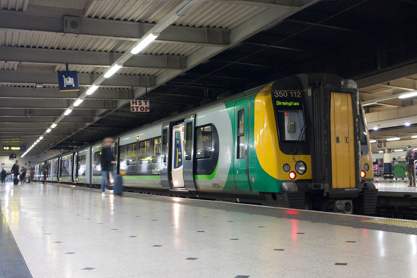 350112, LM 19.49 London Euston-Birmingham New Street (1Y79, 3L), London Euston station 
 Our train back to Northampton stands at London Euston. 350112 is about to work the 19.49 to Birmingham New Street that we took as far as Northampton. 
 Keywords: 350112 1Y79 London Euston station