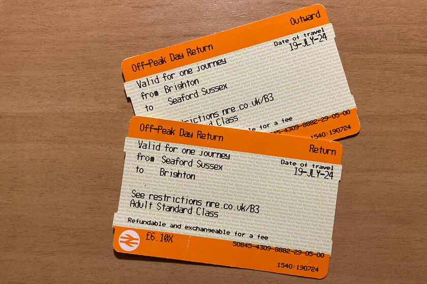 Tickets, Brighton-Seaford-Brighton 
 My off-peak return tickets from Brighton to Seaford cost the princely sum of 6.10. 
 Keywords: Tickets Brighton-Seaford-Brighton