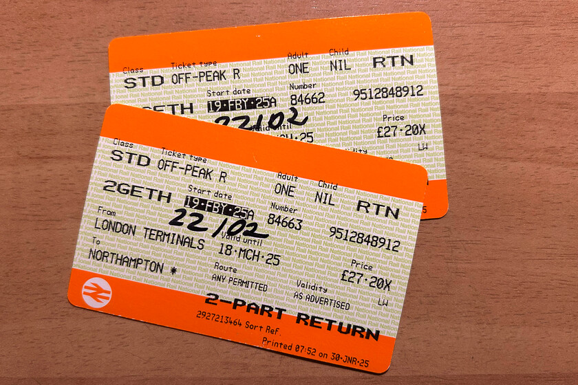 Tickets, London Euston-Northampton 
 Our tickets for the return trip from Euston to Northampton. Once again, despite two public address announcements during the journey, there was no sign of the train guard with no ticket check taking place. However, on arrival at Northampton the barriers were closed and the member of staff manning the gateline, to her credit, asked to see our Railcard, something that rarely happens. 
 Keywords: Tickets London Euston-Northampton