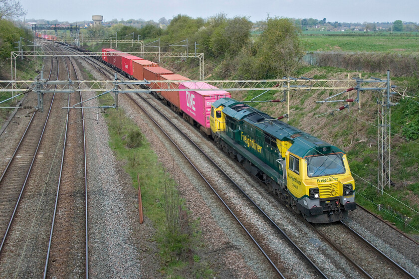 70003, 09.31 Crewe Basford Hall-Southampton MCT (4O29, 13L), Victoria bridge 
 Due to the closure of the line between Oxford and Didcot for repairs to Nuneham viaducts abutments, all freight was being diverted, most of it via the already busy WCML. One of the diverted services was the 4O29 09.31 Crewe Basford Hall to Southampton led, as it usually is, by a Class 70, on this occasion 70003. Class 70s are not particularly common on the WCML so it was good to see this particular diversion in action. 
 Keywords: 70003 09.31 Crewe Basford Hall-Southampton MCT 4O29 Victoria bridge Freightliner