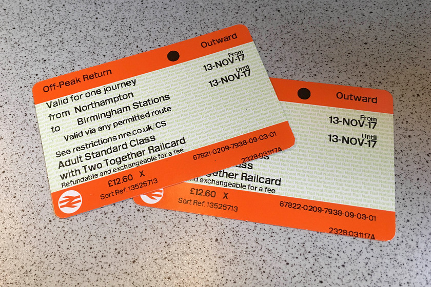 Tickets, Northampton-Birmingham New Street 
 Our off-peak returns were pretty good value at 12.50 each. 
 Keywords: Tickets, Northampton-Birmingham New Street