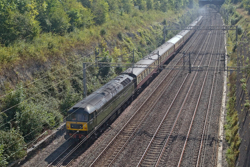 D1924, 07.59 Crewe HS-Southall LSL (5Z31, 35L), Roade cutting 
 D1924 'Crewe Diesel Depot' brings up the rear of the 07.59 Crewe HS to Southall LSL empty stock move. The smoke at the front gives away that 46100 'Royal Scot' was leading the train passing through Roade cutting a little late, time it continued to lose until it reached Southall's LSL base. 
 Keywords: D1924 07.59 Crewe HS-Southall LSL 5Z31 Roade cutting Crewe Diesel Depot