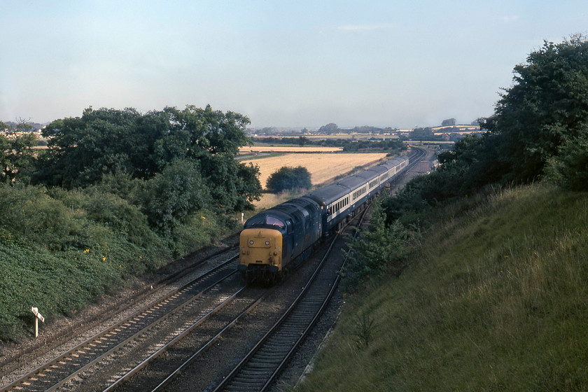 55006, 08.05 York-London King`s Cross (1A08), Eaton Wood SK723774 
 Graham drove our travelling companion, David, to Retford station in order for him to catch a train to London to get back home to the West Country. David can be seen leaning out of the droplight of the first coach as the train passes Eaton Wood just South of Retford. 55006, 'The Fife and Forfar Yeomanry' is leading the 08.05 York to King's Cross service. After a run of cloudy days, this day had dawned bright and sunny; would it last? 
 Keywords: 55006 08.05 York-London King`s Cross 1A08 Eaton Wood SK723774