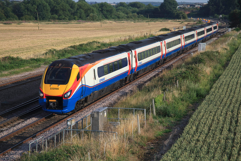 222006, EM 17.57 London St. Pancras-Sheffield (1F60, 2L), Harrowden Junction 
 222006 'The Carbon Cutter' gathers speed over Harrowden Junction just north of Wellingborough with the 17.57 St. Pancras to Sheffield. This was a lovely warm summer's evening and the evening light was particularly good. 
 Keywords: 222006 1F60 Harrowden Junction