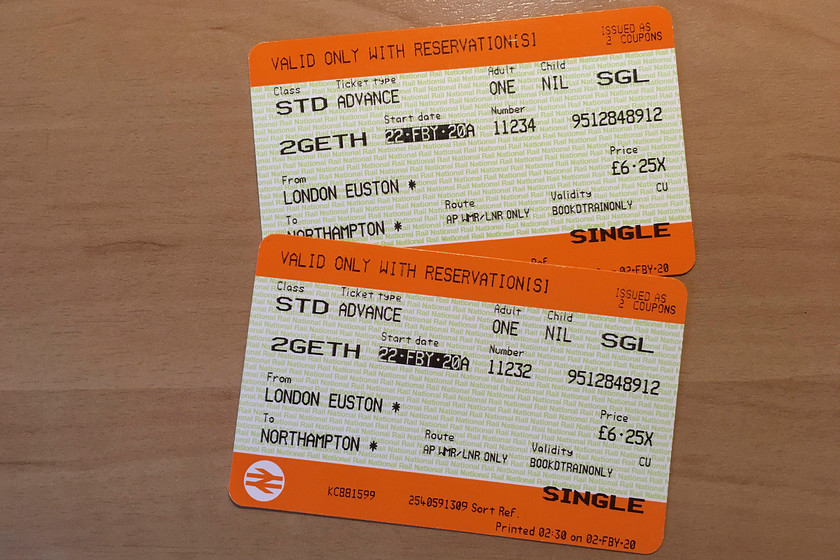 Tickets, London Euston-Northampton 
 Our return tickets from Euston to Northampton were excellent value at 6.25 each. At the risk of repeating myself, the crazy ticketing structure that we have on our railways really does need dealing with to avoid anomalies such as this. 
 Keywords: Tickets London Euston-Northampton