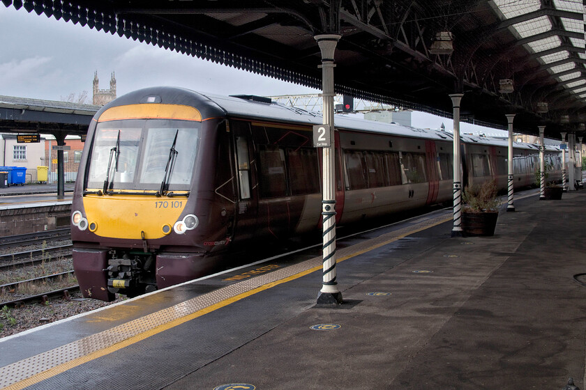 170101, XC 11.45 Cardiff Central-Nottingham (1M64, 2L), Gloucester station 
 Our second train of the trip back arrives at Gloucester station in a welcome break between some very heavy rain! My wife and I took 170101 working the 11.45 Cardiff to Nottingham service from here as far as New Street. The wifi was excellent and I was able to work on this website as we travelled but I did pause to marvel at the speed that the unit ascended Lickey! 
 Keywords: 170101 11.45 Cardiff Central-Nottingham 1M64 Gloucester station XC Crosscountry