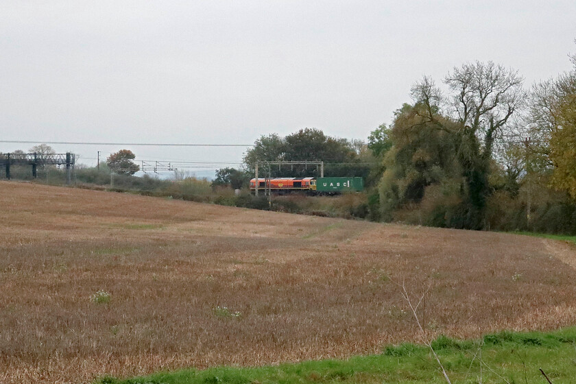 Class 66, 11.48 Lawley Street-London Gateway (4L46, 80L), between Roade & Ashton 
 Whilst making my way to my chosen spot for the afternoon the very late-running 4L86 11.48 Lawley Street to London Gateway Freightliner service caught me unawares walking between Roade and Ashton. Thankfully, the unidentified named Class 66 is in the Genesee & Wyoming orange livery making it stand out from the otherwise grey and dull surroundings. Compare this view with a similar one taken in May, see.... https://www.ontheupfast.com/p/21936chg/30054240102/x66006-11-15-ditton-dollands-moor 
 Keywords: Class 66 11.48 Lawley Street-London Gateway 4L46 between Roade & Ashton Freightliner .jpg