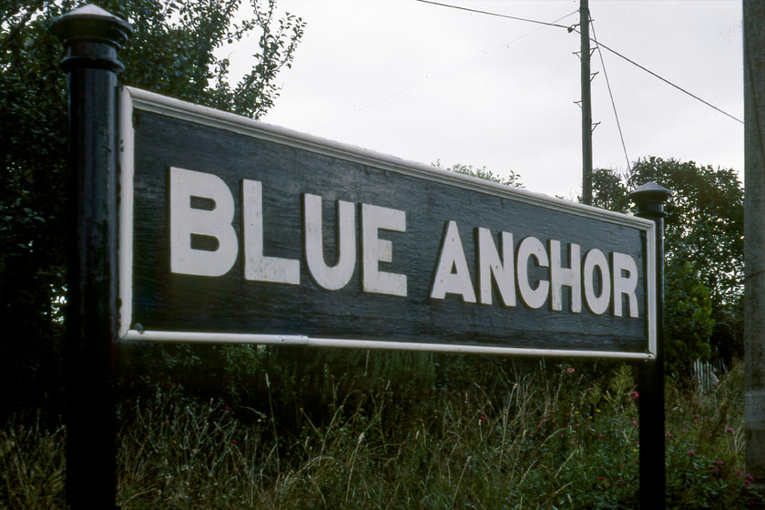 Running-in sign, Blue Anchor station 
 I am not sure if this rather grand and typically styled Great Western running-in sign is the genuine article or if it is a reproduction. Given that the station was only closed by BR nine years prior to this photograph was taken it could well be original. Can anybody advise? 
 Keywords: Running-in sign Blue Anchor station