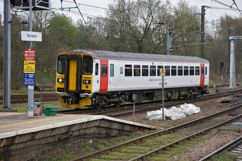 153332, LE 14.47 Lowestoft-Norwich (2J81), Norwich station 
 I have already photographed 153332 twice already today and here it is again! It is entering Norwich station working the 14.47 2J81 service from Lowestoft. 
 Keywords: 153332 14.47 Lowestoft-Norwich 2J81 Norwich station Abellio Greater Anglia