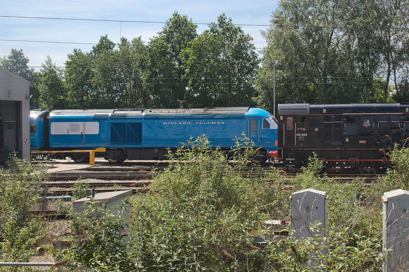 43055 & 08483, stabled, LSL Crewe 
 Always eager to move in on a niche market LSL have purchased a number of HST sets from Porterbrook following the ending of their contract with East Midlands Trains. Last summer they painted a complete set into a very impressive retro Nankang blue Pullman livery. Unfortunately, COVID put paid to their use on charters but now that restrictions have been partially lifted this set, seen at LSL's Crewe headquarters, are due out in just three days time working the Bristol to Carlisle Settle and Carlisle Pullman. Indeed on passing this facility at the other end of the train staff were observed cleaning the side of the stock with long brushes. This power car is 43055 that I last saw in July 2020 heading to Eastleigh for its repainting, see.... https://www.ontheupfast.com/p/21936chg/29301193004/x43055-43046-37521-07-14-crewe-hs 
 Keywords: 43055 08483 stabled LSL Crewe HST Pullman