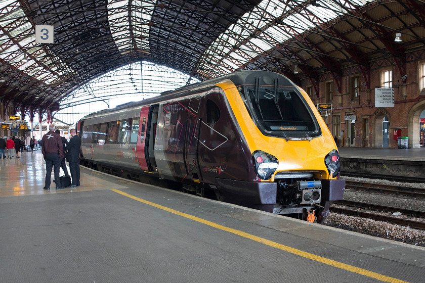 220016, XC 10.25 Plymouth-Newcastle (1V47), Bristol Temple Meads station 
 CrossCountry train crew take advantage of a generous dwell time at Temple Meads to stretch their legs and have a chat on platform three. 220016 is working the 10.25 Plymouth to Newcastle, I could think of nicer ways to complete this journey than in a Voyager! 
 Keywords: 220016 10.25 Plymouth-Newcastle 1V47 Bristol Temple Meads station