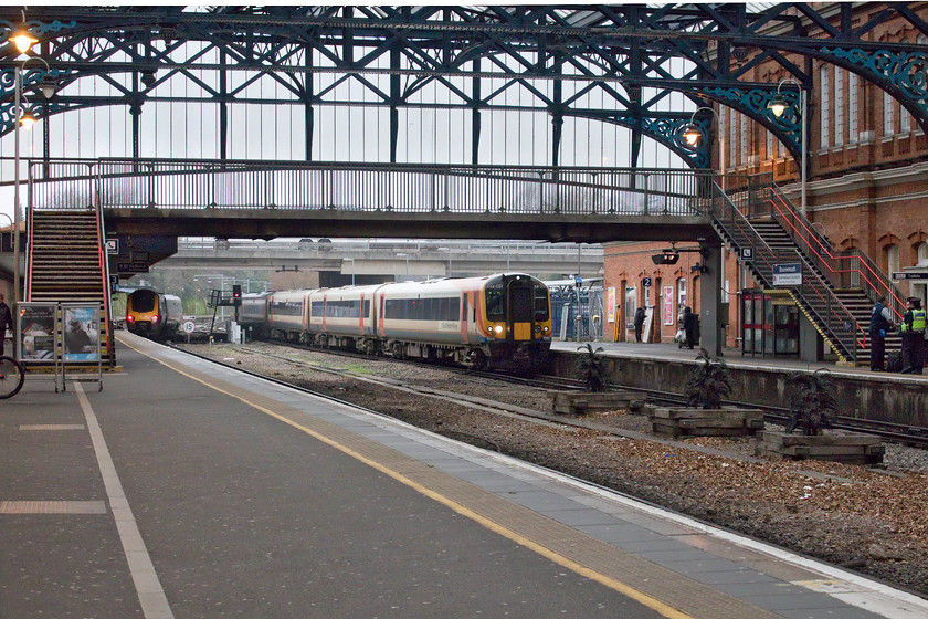 220023, XC 14.08 Bournemouth-Bournemouth Middle Sidings (5W65, 1E) & 444031, SW 13.20 Weymouth-London Waterloo (1W62, 6L), Bournemouth station 
 As 220023 leaves Bournemouth station with a return empty stock move to the stabling sidings just out of sight in the distance, 444031 arrives with the 1W62 13.29 Weymouth to London Waterloo. I am standing on Platform 3 that merges to become Platform 4 just level with the rear of the Voyager. This is an 'occasional use' platform but with the two joined together makes it one of the network's longest along with a number of other platforms such as Gloucester, Cambridge and Edinburgh Waverley. 
 Keywords: 220023 14.08 Bournemouth-Bournemouth Middle Sidings 5W65 444031 13.20 Weymouth-London Waterloo 1W62 Bournemouth station