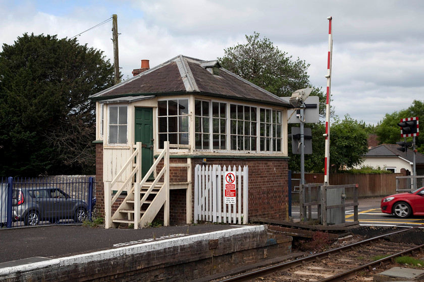 Topsham signal box (closed) (LSW, 1870s) 
 Topsham signal box closed some years ago with control of the level crossing moving to Exmouth Junction four miles north. The L & SWR box remains very much 'as-built' and even still contains its frame even through the levers have been removed. It is a grade II listed structure so I hope somebody comes forward soon to take it on before it deteriorates. 
 Keywords: Topsham signal box