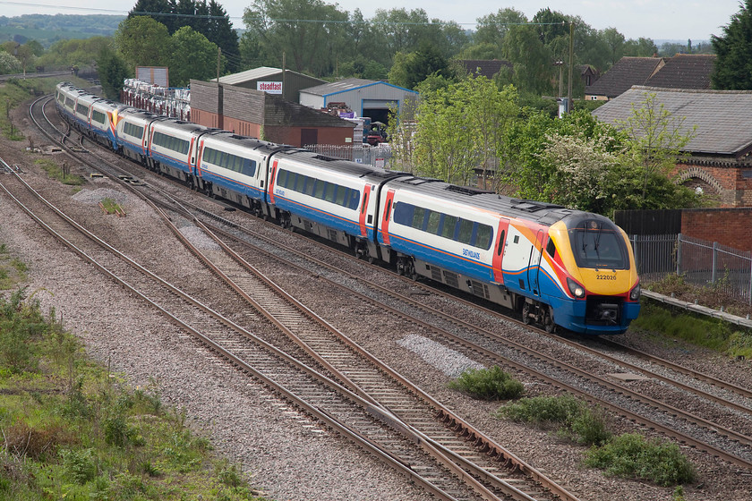 222020 & 222016, EM 08.56 London St. Pancras-Sheffield (1F15, 4E), Templars Way Bridge, Sharnbrook 
 A ten coach Meridian forms the 08.56 St. Pancras to Sheffield. It is seen passing Sharnbrook in Bedfordshire on the down fast with the remains of the old station, closed on 02.05.60, in the background. 222020 and 222016 have spent their whole working life on the Midland mainline since their introduction in 2004. However, with partial electrification on its way some will probably be moving elsewhere. 
 Keywords: 222020 222016 1F15 Templars Way Bridge, Sharnbrook