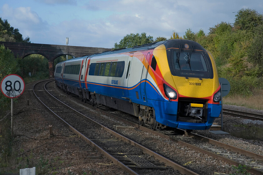 222022, EM 15.02 Nottingham-London St. Pancras (1B56), Wellingborough station 
 222022 is just managing to catch the late afternoon sunshine at Wellingborough with a lot of the scene now in shadow. It is working EMT's 15.02 Nottingham to St. Pancras service that sweeps straight through Wellingborough having made its last scheduled stop at Kettering before arriving in the capital. 
 Keywords: 222022 15.02 Nottingham-London St. Pancras 1B56 Wellingborough station EMT East Midlands Trains Meridian