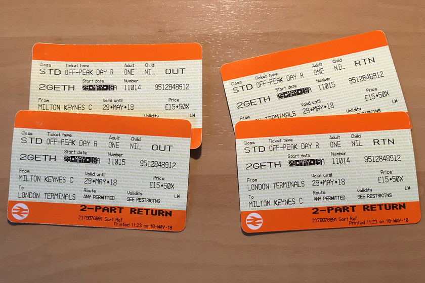 Tickets, Milton Keynes Central-London Euston-Milton Keynes Central 
 The return tickets from Milton Keynes, a pricey day out that again shows the vagaries of the network's fare structure.